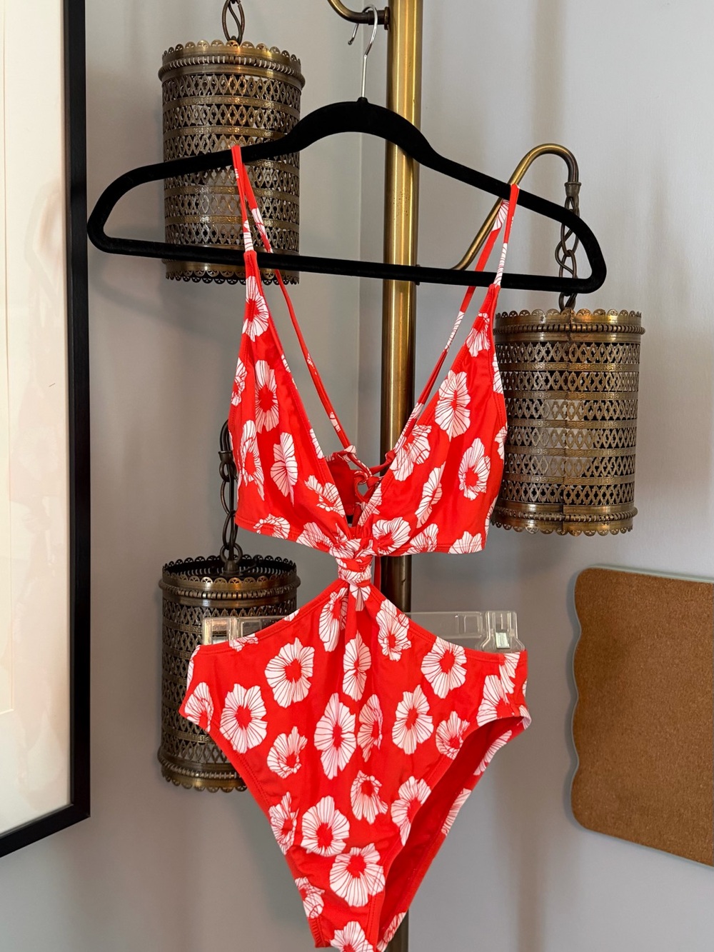 Red Floral Lulus Cutout One-Piece Swimsuit, Unworn